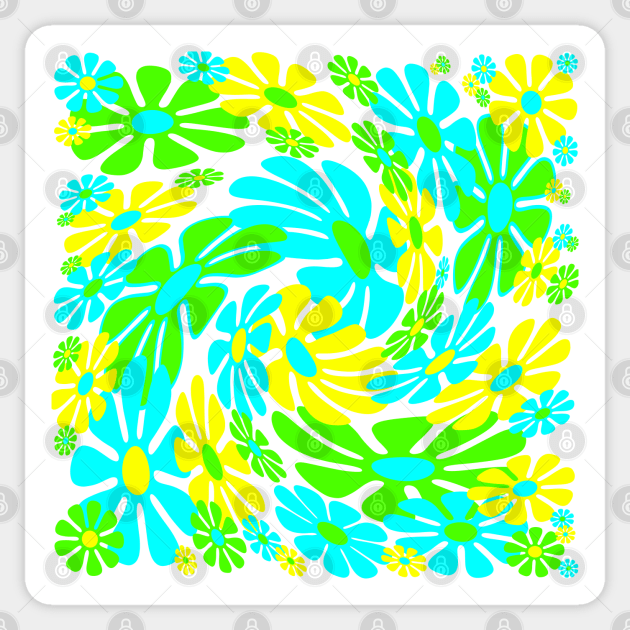 60's Retro Liquid Flowers in Lime Green, Aqua Blue and Yellow Sticker by MellowCat